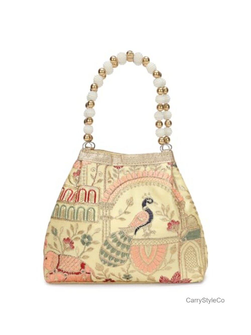 Embroidered Peacock Floral Potli Bag Pearl Beaded Handle Evening Purse